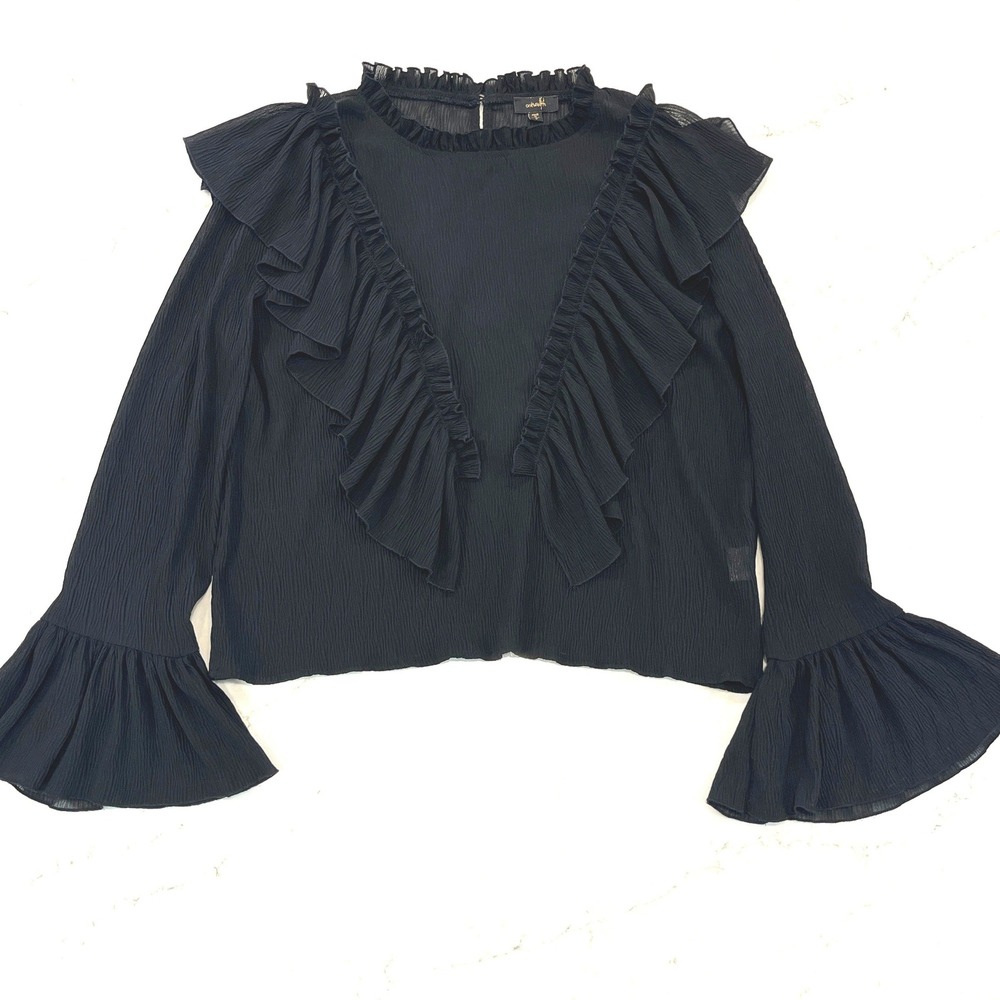 On Twelfth Whimsigoth Dark Academia Ruffle Blouse Womens M Black Bell Sleeve Top